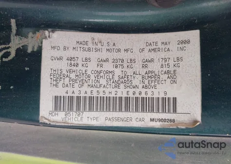 2001 Mitsubishi Eclipse Spyder Gt z USA, uszkodzony, nr VIN 4A3AE55H21E006319